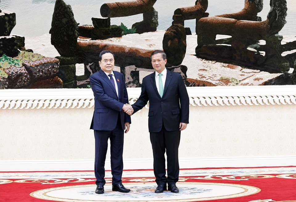 Chủ tịch Quốc hội Trần Thanh Mẫn hội kiến Thủ tướng Vương quốc Campuchia Samdech Hun Manet. (Ảnh: Doãn Tấn/TTXVN)