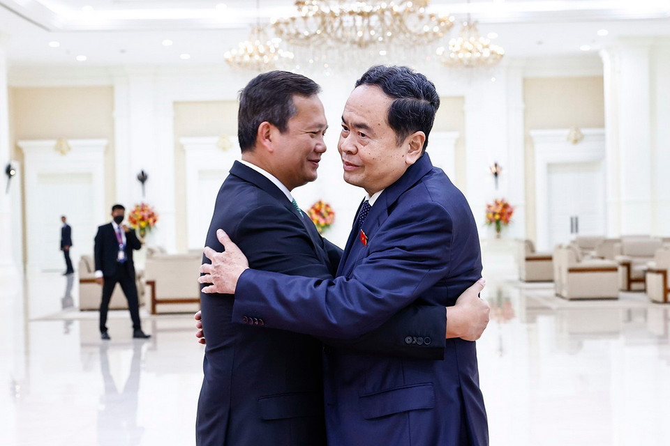 Chủ tịch Quốc hội Trần Thanh Mẫn hội kiến Thủ tướng Vương quốc Campuchia Samdech Hun Manet. (Ảnh: Doãn Tấn/TTXVN)