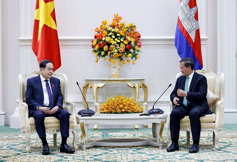 Chủ tịch Quốc hội Trần Thanh Mẫn hội kiến Thủ tướng Vương quốc Campuchia Samdech Hun Manet. (Ảnh: Doãn Tấn/TTXVN)