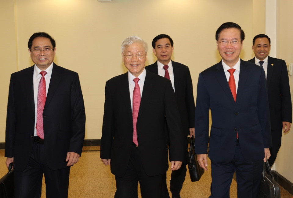 Tổng Bí thư, Chủ tịch nước Nguyễn Phú Trọng và các đồng chí lãnh đạo Đảng, Nhà nước đến dự Hội nghị. (Ảnh: Trí Dũng/TTXVN)