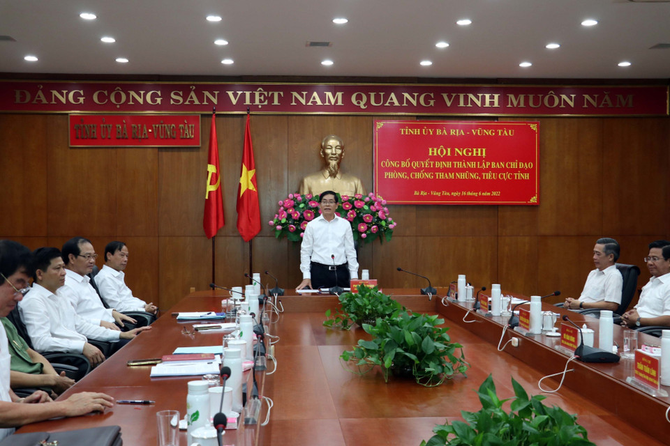Hội nghị thành lập Ban Chỉ đạo phòng, chống tham nhũng, tiêu cực tỉnh Bà Rịa-Vũng Tàu, ngày 16/6/2022. Toàn bộ 63 Ban Thường vụ tỉnh ủy/thành ủy đã thành lập Ban Chỉ đạo phòng, chống tham nhũng, tiêu cực của các địa phương. (Ảnh: Đoàn Mạnh Dương/TTXVN)