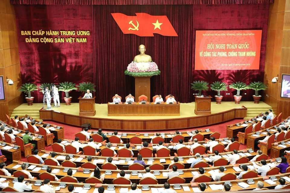 Tổng Bí thư Nguyễn Phú Trọng, Trưởng Ban Chỉ đạo Trung ương về phòng, chống tham nhũng chủ trì Hội nghị toàn quốc về công tác phòng, chống tham nhũng (Hà Nội, 25/6/2018). (Ảnh : Trí Dũng/TTXVN)