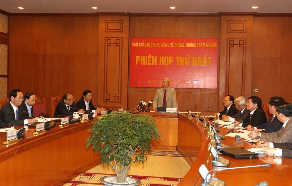 Tổng Bí thư Nguyễn Phú Trọng, Trưởng Ban chỉ đạo Trung ương về phòng, chống tham nhũng phát biểu tại Phiên họp thứ nhất Ban chỉ đạo Trung ương về phòng, chống tham nhũng (Hà Nội, 4/2/2013). (Ảnh: Trí Dũng/TTXVN)