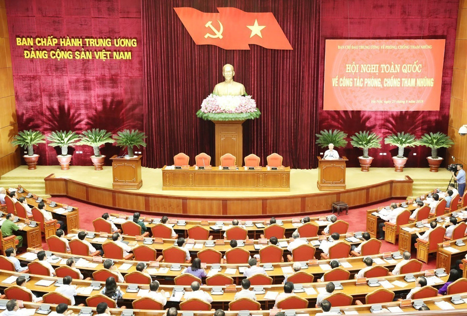 Tổng Bí thư Nguyễn Phú Trọng, Trưởng Ban Chỉ đạo Trung ương về phòng, chống tham nhũng phát biểu kết luận Hội nghị toàn quốc về công tác phòng, chống tham nhũng (Hà Nội, 25/6/2018). (Ảnh: Trí Dũng/TTXVN)