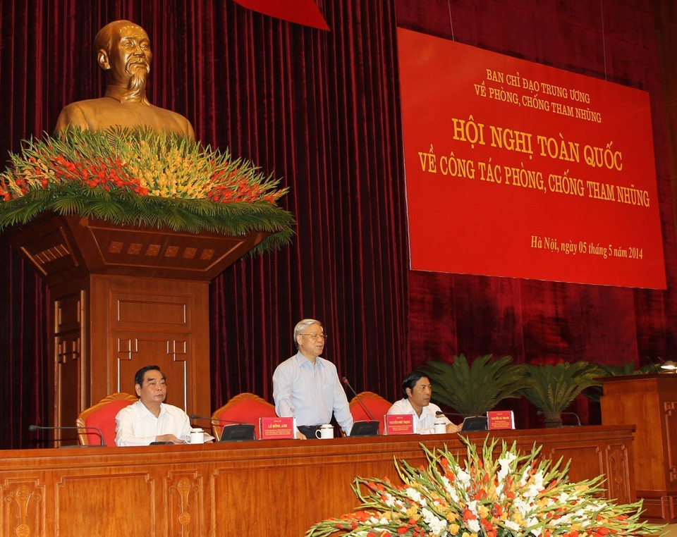 Tổng Bí thư Nguyễn Phú Trọng phát biểu khai mạc Hội nghị toàn quốc về công tác phòng, chống tham nhũng (Hà Nội, 5/5/2014). (Ảnh: Trí Dũng/TTXVN)