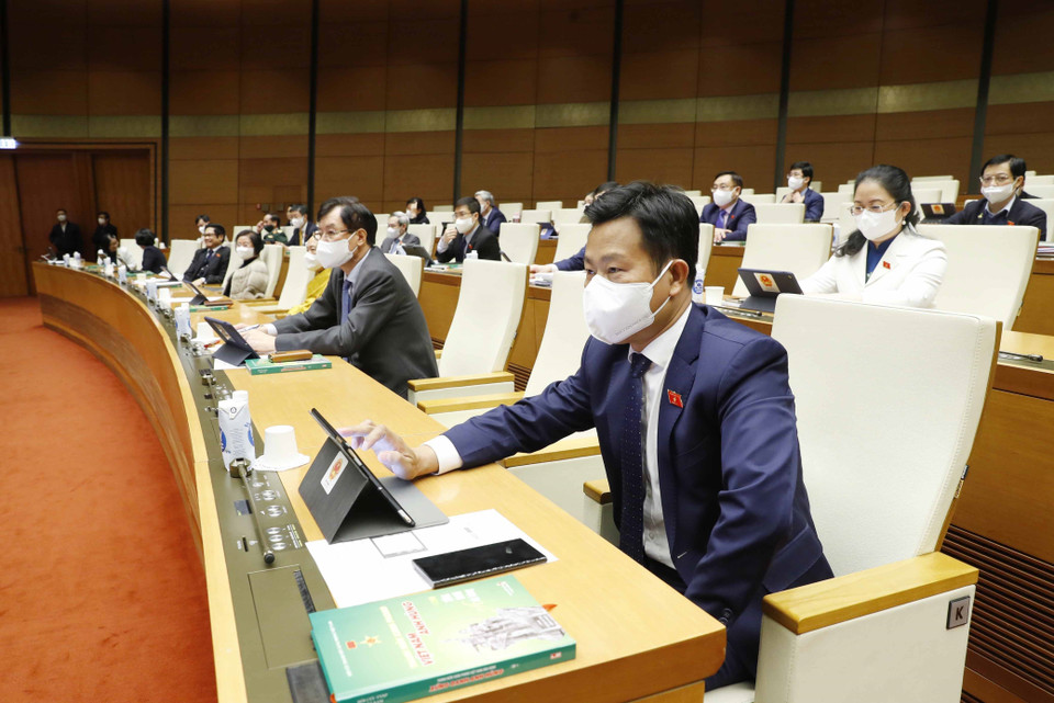 Đại biểu Quốc hội thành phố Hà Nội biểu quyết thông qua các dự án luật và nghị quyết quan trọng. (Ảnh: Phương Hoa/TTXVN)