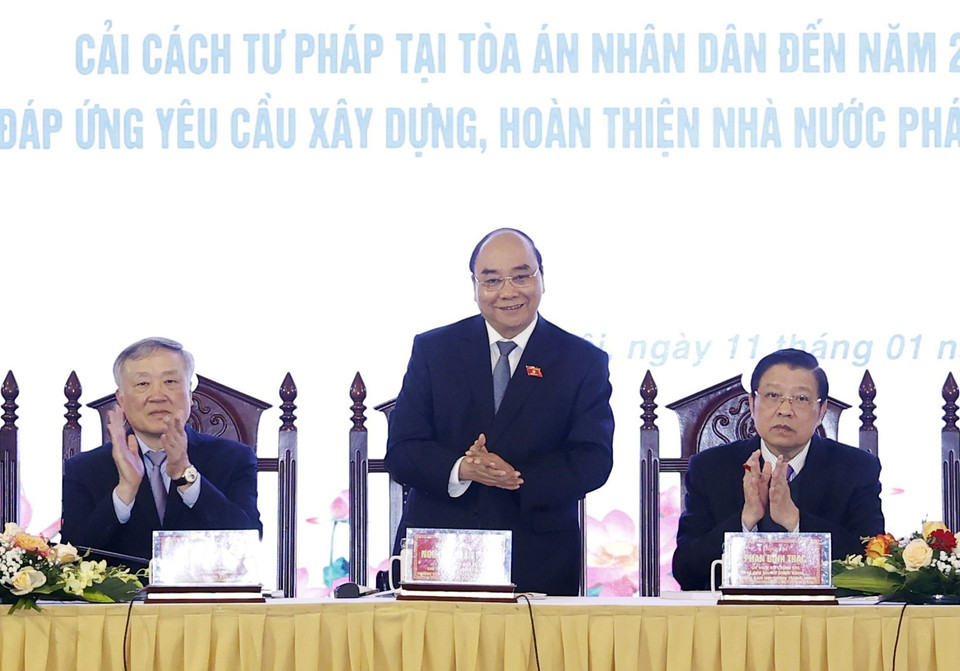 Hình ảnh Chủ tịch nước Nguyễn Xuân Phúc dự và phát biểu tại hội thảo. (Ảnh: Thống Nhất/TTXVN) 