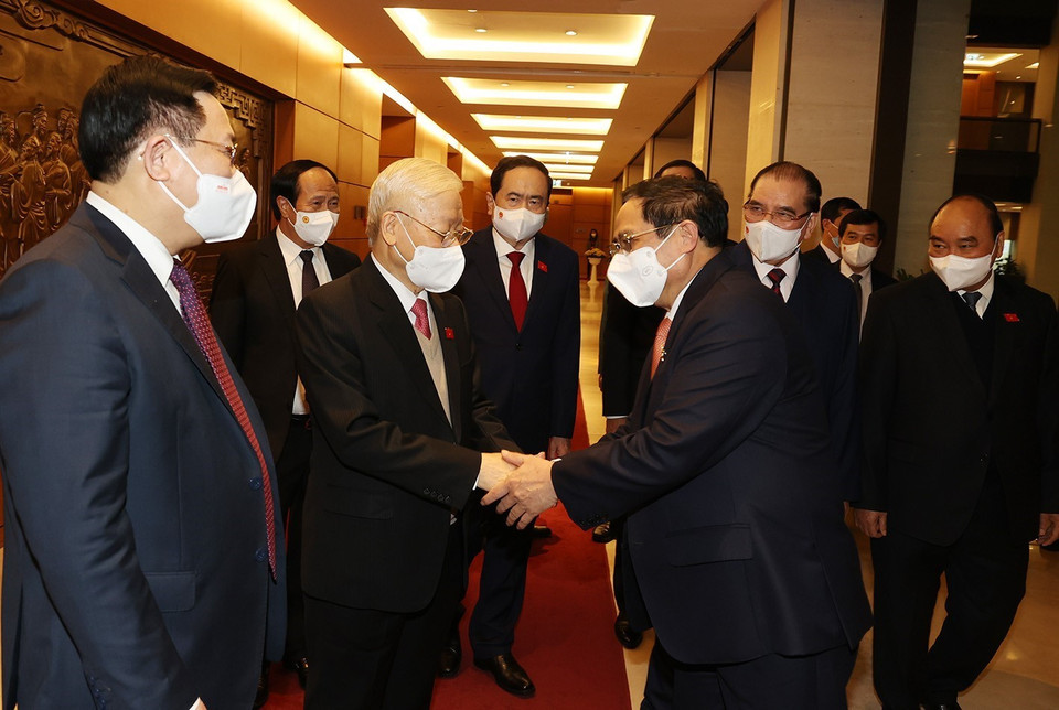 Tổng Bí thư Nguyễn Phú Trọng và các lãnh đạo, nguyên lãnh đạo Đảng, Nhà nước cùng các đại biểu Quốc hội. (Ảnh: Trí Dũng/TTXVN)