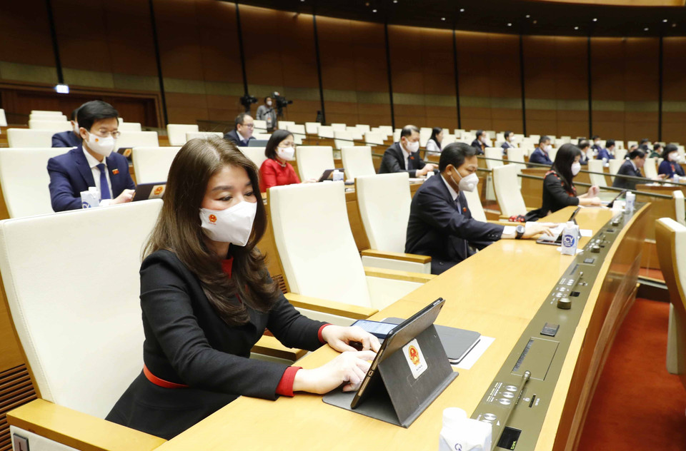 Đại biểu Quốc hội biểu quyết thông qua Nghị quyết về chính sách tài khoá, tiền tệ để hỗ trợ chương trình phục hội và phát triển kinh tế-xã hội. (Ảnh: Phương Hoa/TTXVN)