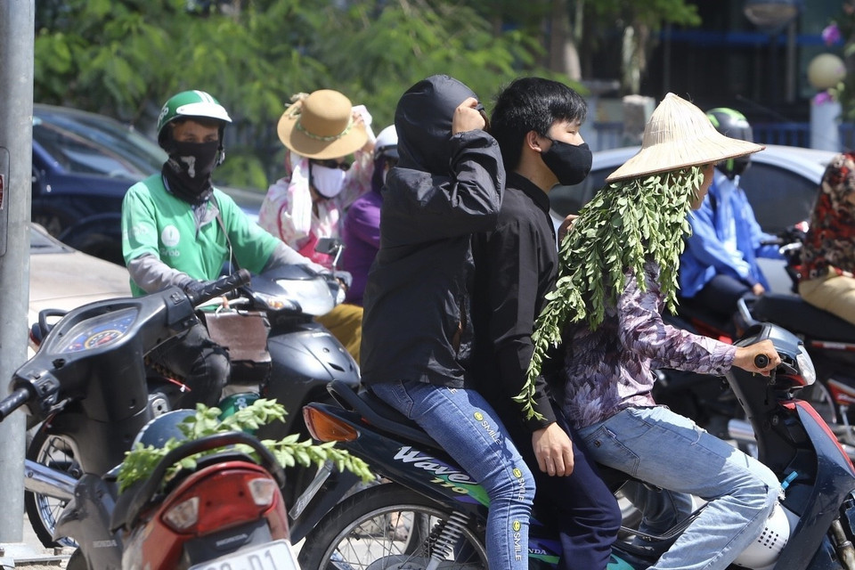 Nhiều tài xế xe ôm lấy cành cây đội lên đầu để giảm nhiệt. (Ảnh: Minh Quyết/TTXVN)