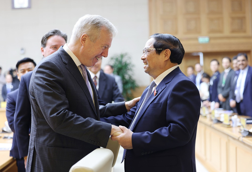 Thủ tướng Phạm Minh Chính tiếp các doanh nghiệp của Hội đồng Kinh doanh Hoa Kỳ - ASEAN. (Ảnh: Dương Giang/TTXVN)