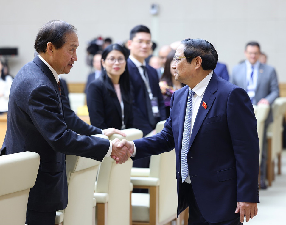 Thủ tướng Phạm Minh Chính tiếp các doanh nghiệp của Hội đồng Kinh doanh Hoa Kỳ - ASEAN. (Ảnh: Dương Giang/TTXVN)