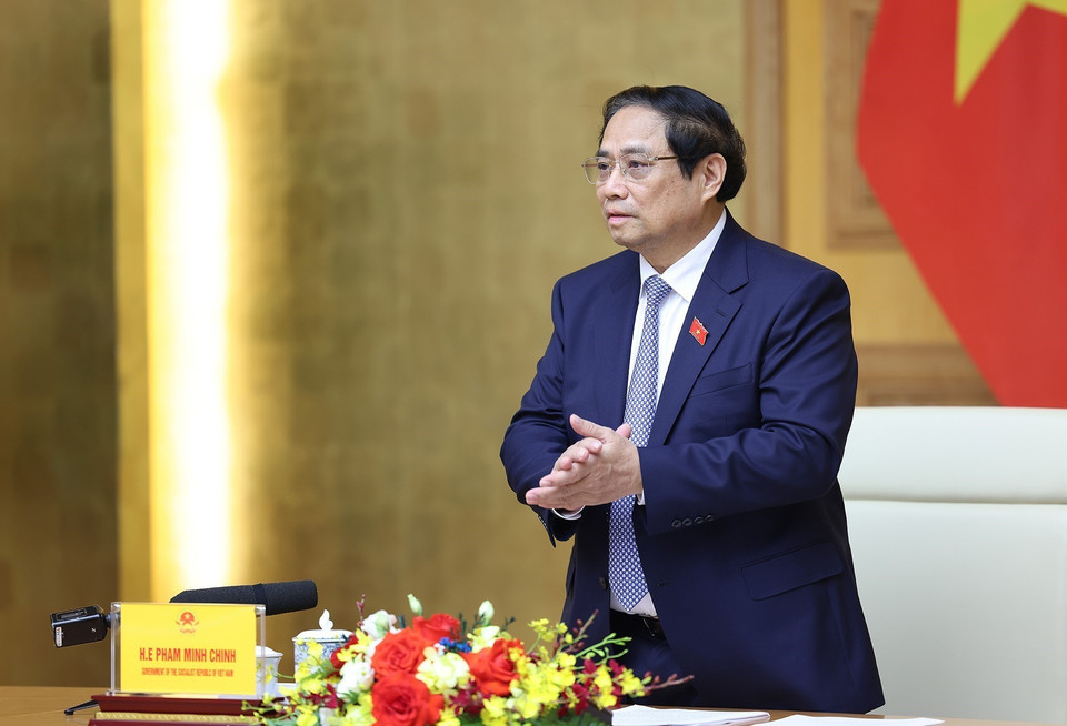 Thủ tướng Phạm Minh Chính tiếp các doanh nghiệp của Hội đồng Kinh doanh Hoa Kỳ - ASEAN. (Ảnh: Dương Giang/TTXVN)