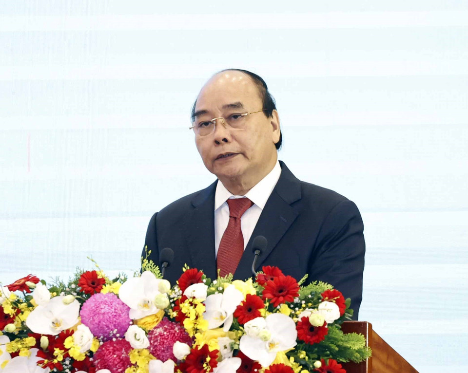 Chủ tịch nước Nguyễn Xuân Phúc phát biểu tại lễ kỷ niệm. (Ảnh: Thống Nhất/TTXVN)