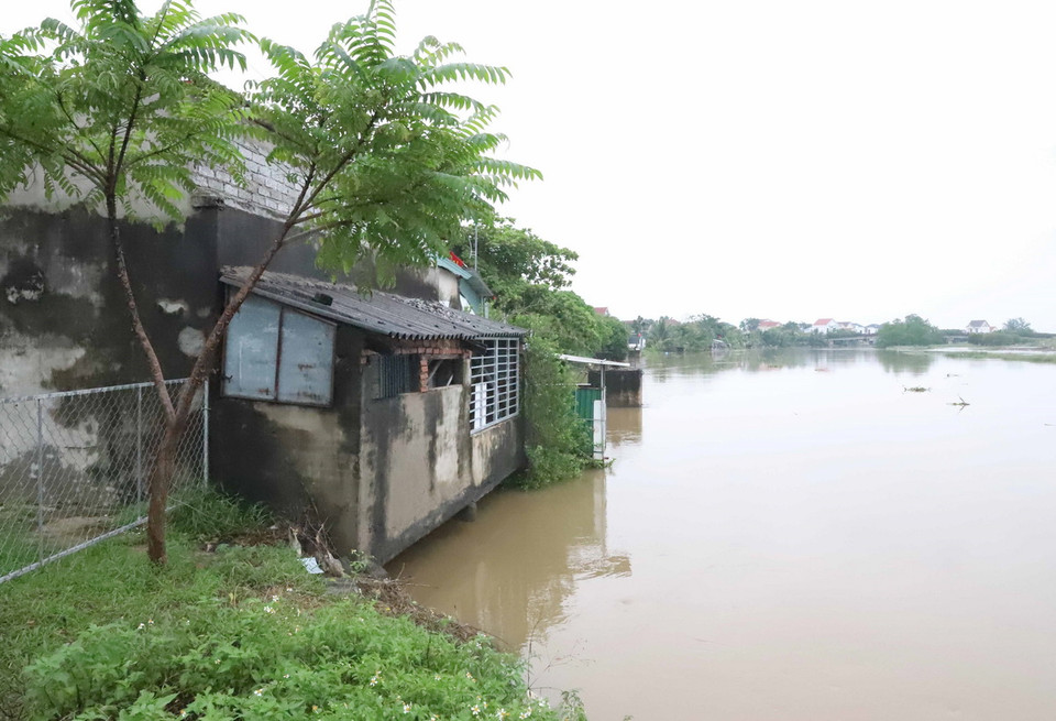 Nhiều nhà ở, công trình phụ, chuồng trại chăn nuôi của người dân xóm Đồng Hà, xã Diễn Vạn (Diễn Châu, Nghệ An) xây dựng, cơi nới bên bờ kênh tiêu lũ Vách Bắc. (Ảnh: Văn Tý/TTXVN)