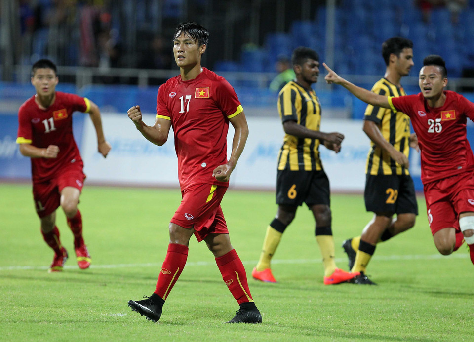 Đây là pha lập công thứ 2 của Hồng Quân tại SEA Games 28. (Ảnh: Quốc Khánh/TTXVN)