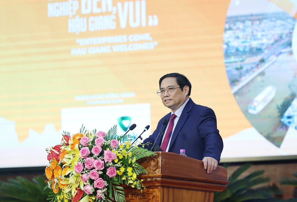 Thủ tướng Phạm Minh Chính phát biểu tại Hội nghị xúc tiến đầu tư tỉnh Hậu Giang 2022. (Ảnh: Dương Giang/TTXVN)