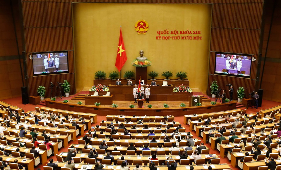 Toàn cảnh Chủ tịch nước Cộng hòa Xã hội Chủ nghĩa Việt Nam Trần Đại Quang tuyên thệ nhậm chức. (Ảnh: An Đăng/TTXVN)