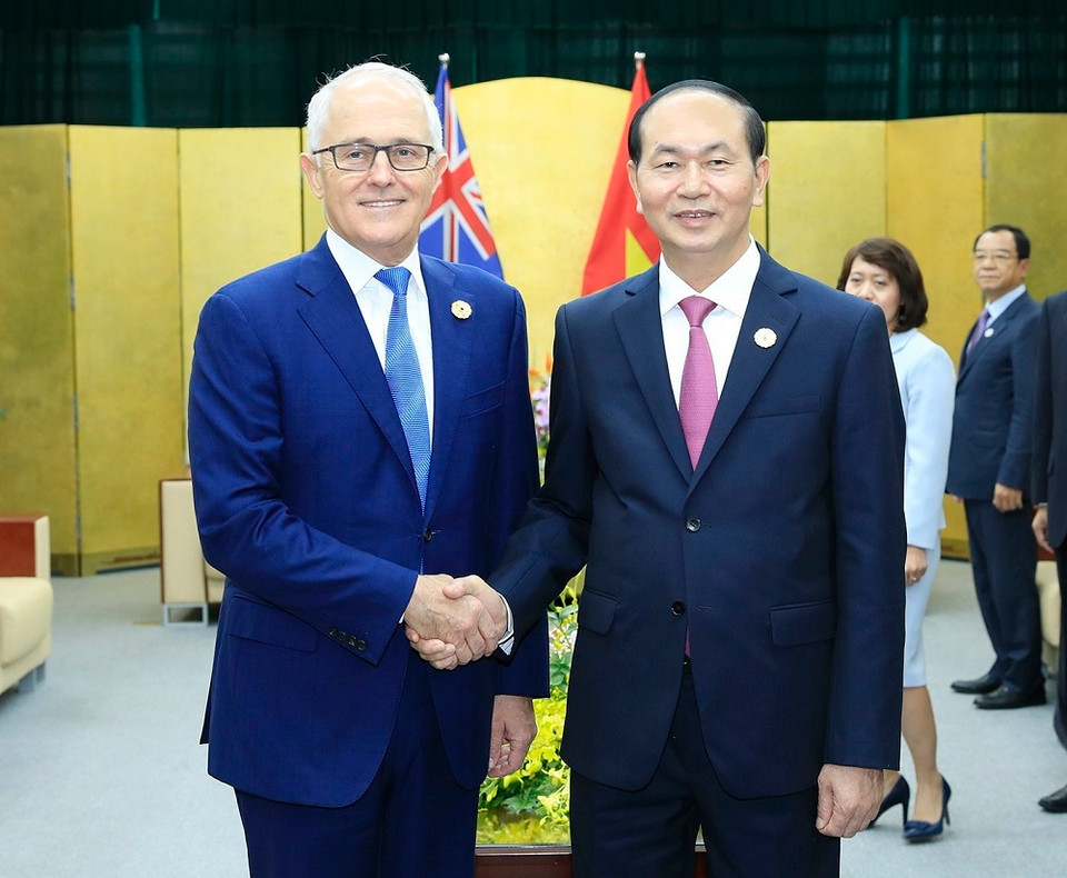 Chủ tịch nước Trần Đại Quang tiếp song phương Thủ tướng Australia Malcolm Turnbull. (Ảnh: TTXVN)