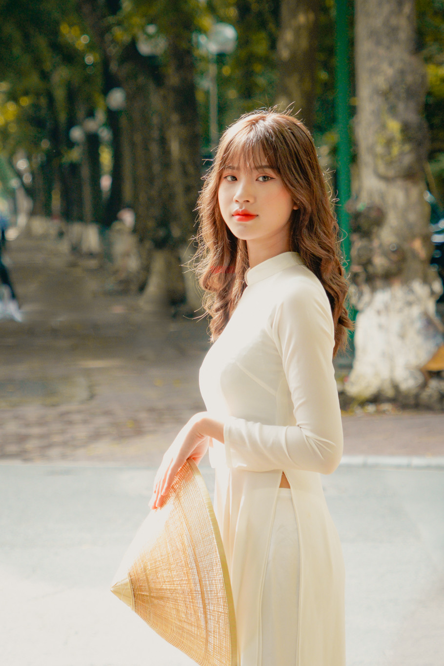 Thiếu nữ đẹp dịu dàng trong tà áo dài truyền thống những ngày Thu. (Ảnh: Minh Hiếu/Vietnam+)