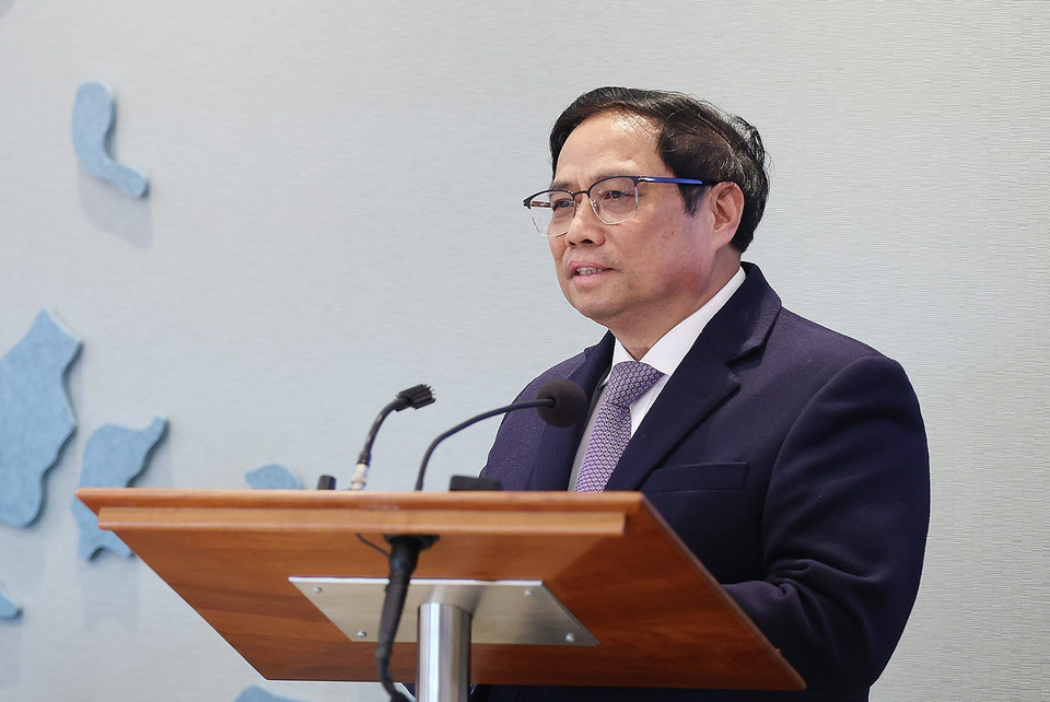 Thủ tướng Phạm Minh Chính phát biểu tại Diễn đàn doanh nghiệp Việt Nam-Hà Lan. (Ảnh: Dương Giang/TTXVN)