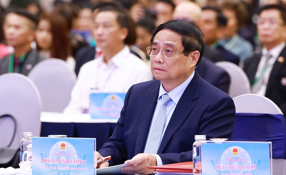 Thủ tướng Phạm Minh Chính dự Hội nghị người Việt Nam ở nước ngoài trên toàn thế giới lần thứ IV. (Ảnh: Dương Giang/TTXVN)