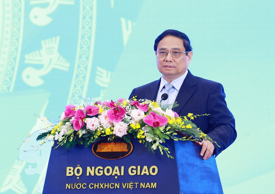 Thủ tướng Phạm Minh Chính phát biểu tại Hội nghị người Việt Nam ở nước ngoài trên toàn thế giới lần thứ IV. (Ảnh: Dương Giang/TTXVN)