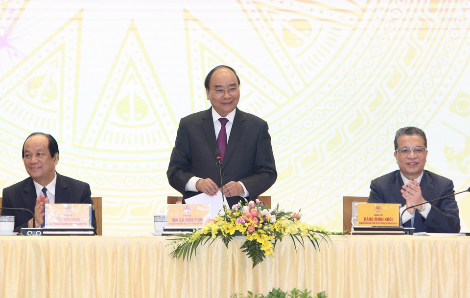 Thủ tướng Nguyễn Xuân Phúc phát biểu tại buổi gặp. (Ảnh: Dương Giang/TTXVN)