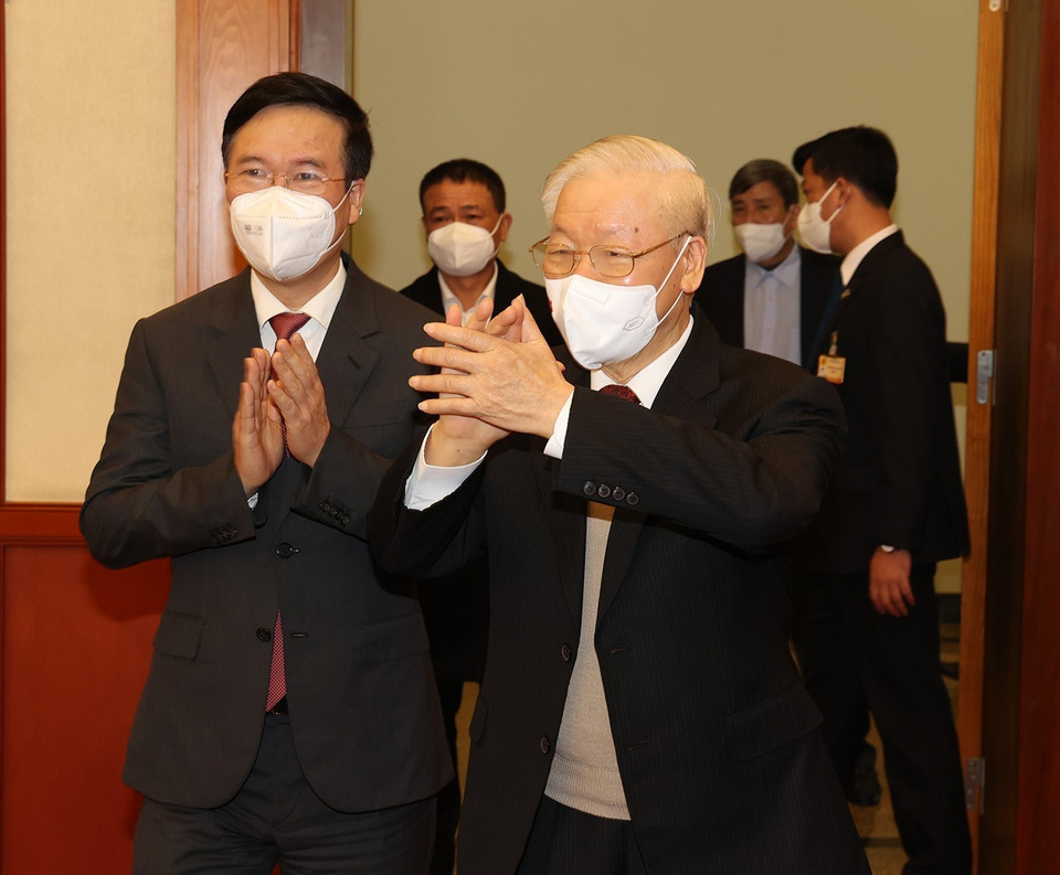 Tổng Bí thư Nguyễn Phú Trọng dự buổi gặp mặt đại biểu người cao tuổi Việt Nam. (Ảnh: Trí Dũng/TTXVN)