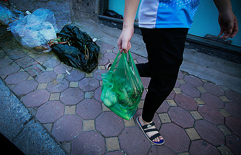  Những đồ ăn mua từ chợ được người dân đựng trong túi nilon. Thói quen sinh hoạt gắn liền với túi nilon của con người đang vô hình góp phần vào việc hủy hoại môi trường sống của chính mình. (Ảnh: Trọng Đạt/TTXVN)