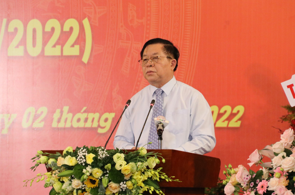 Trưởng ban Tuyên giáo Trung ương Nguyễn Trọng Nghĩa phát biểu tại buổi họp mặt. (Ảnh: Thu Hương/TTXVN)