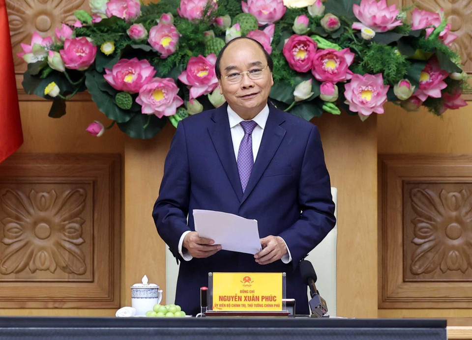  Thủ tướng Nguyễn Xuân Phúc phát biểu tại buổi gặp mặt. (Ảnh: Thống Nhất/TTXVN)