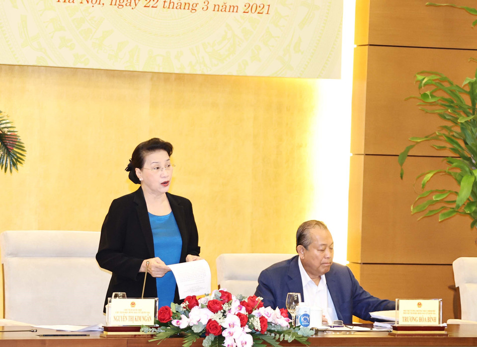 Chủ tịch Quốc hội Nguyễn Thị Kim Ngân, Chủ tịch Hội đồng bầu cử quốc gia phát biểu. (Ảnh: Trọng Đức/TTXVN)