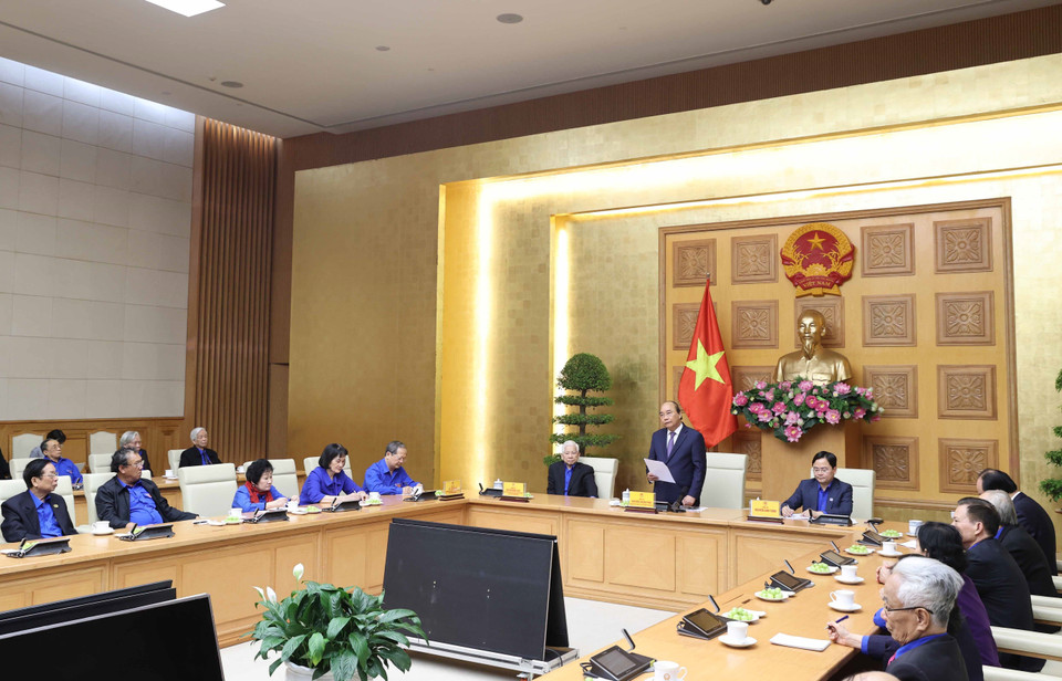  Thủ tướng Nguyễn Xuân Phúc phát biểu tại buổi gặp mặt. (Ảnh: Thống Nhất/TTXVN)