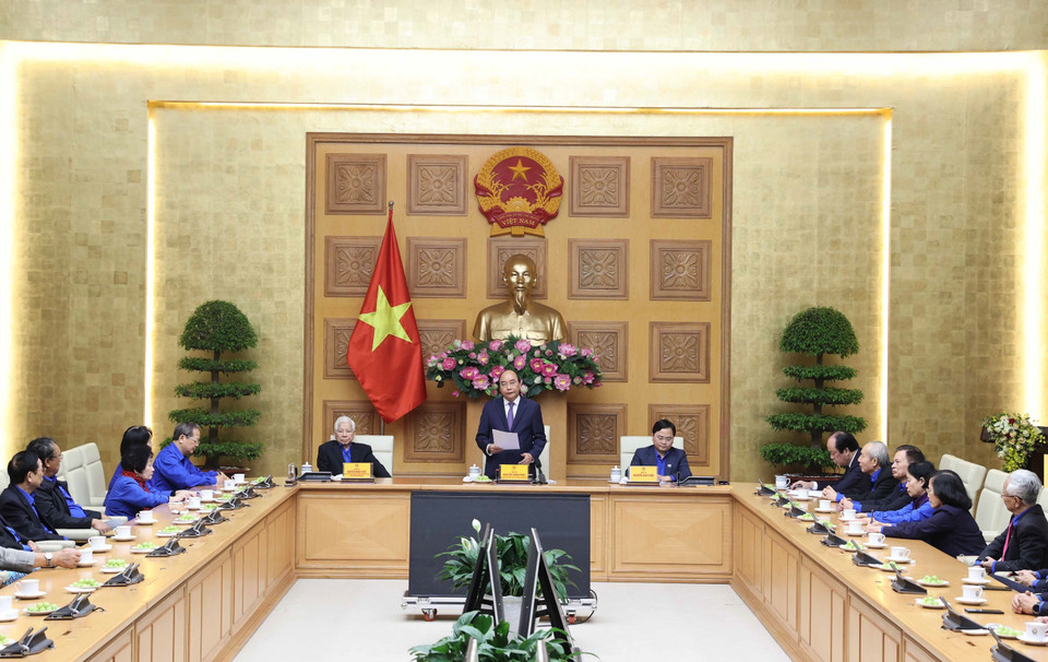  Thủ tướng Nguyễn Xuân Phúc phát biểu tại buổi gặp mặt. (Ảnh: Thống Nhất/TTXVN)