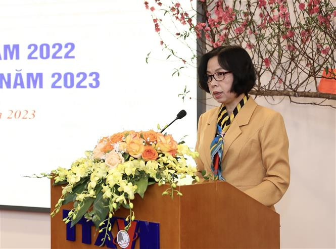 Bí thư Đảng ủy, Tổng Giám đốc TTXVN Vũ Việt Trang phát động triển khai nhiệm vụ năm 2023. (Ảnh: Hoàng Hiếu/TTXVN)