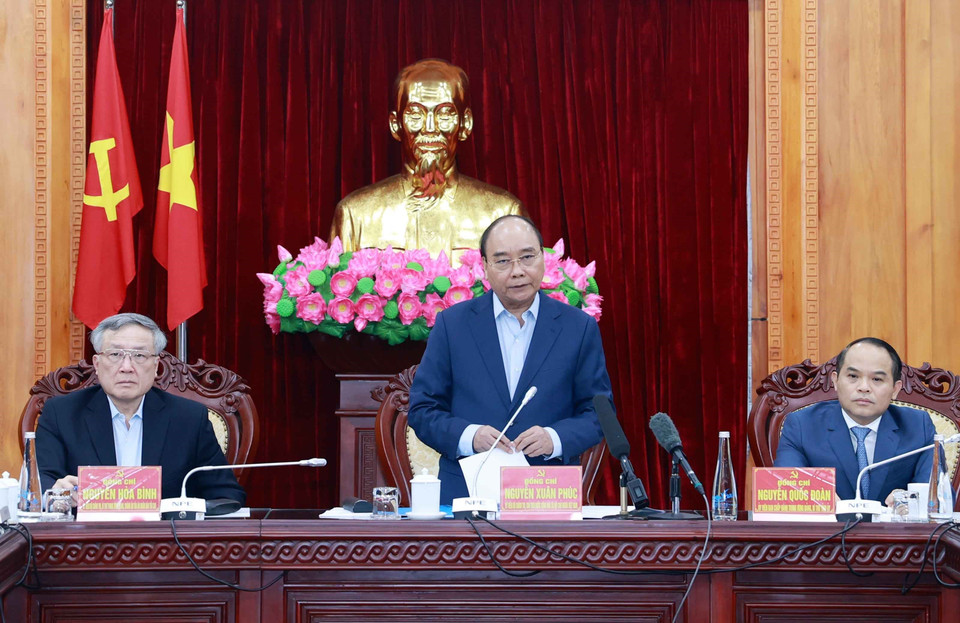 Chủ tịch nước Nguyễn Xuân Phúc phát biểu tại buổi làm việc với Ban Thường vụ Tỉnh ủy Lạng Sơn. (Ảnh: Thống Nhất/TTXVN)