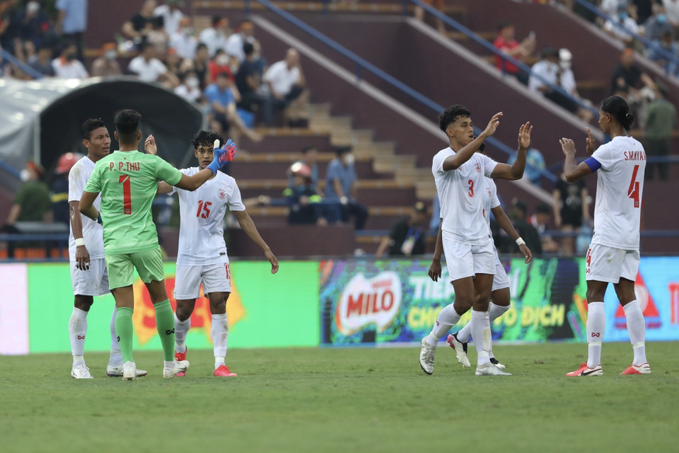 Kết thúc trận đấu U23 Myanmar giành chiến thắng với tỷ số 3-2. (Ảnh: Minh Quyết/TTXVN)