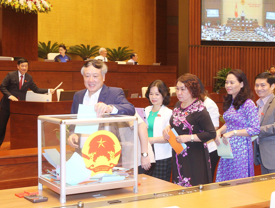  Đại biểu Quốc hội đánh giá những người được Quốc hội bầu hoặc phê chuẩn bằng lá phiếu tín nhiệm. (Ảnh: Lâm Khánh/TTXVN)