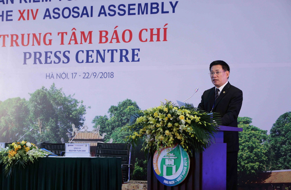 Đồng chí Hồ Đức Phớc, Ủy viên Trung ương Đảng, Tổng Kiểm toán Nhà nước, Trưởng Ban Tổ chức Đại hội ASOSAI 14 phát biểu tại Lễ khai trương Trung tâm Báo chí ASOSAI 14. (Ảnh: Dương Giang/TTXVN)