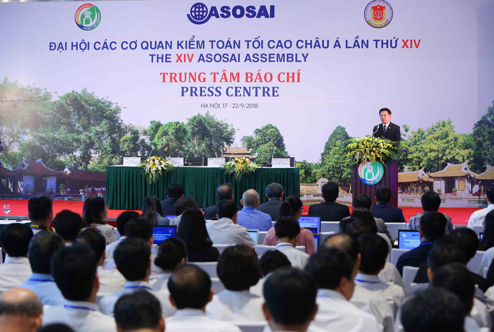 Đồng chí Hồ Đức Phớc, Ủy viên Trung ương Đảng, Tổng Kiểm toán Nhà nước, Trưởng Ban Tổ chức Đại hội ASOSAI 14 phát biểu tại Lễ khai trương Trung tâm Báo chí ASOSAI 14. (Ảnh: Dương Giang/TTXVN)