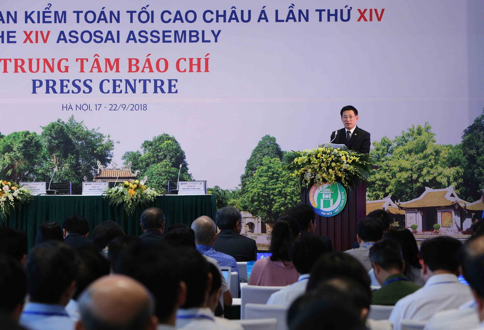 Đồng chí Hồ Đức Phớc, Ủy viên Trung ương Đảng, Tổng Kiểm toán Nhà nước, Trưởng Ban Tổ chức Đại hội ASOSAI 14 phát biểu tại Lễ khai trương Trung tâm Báo chí ASOSAI 14. (Ảnh: Dương Giang/TTXVN)