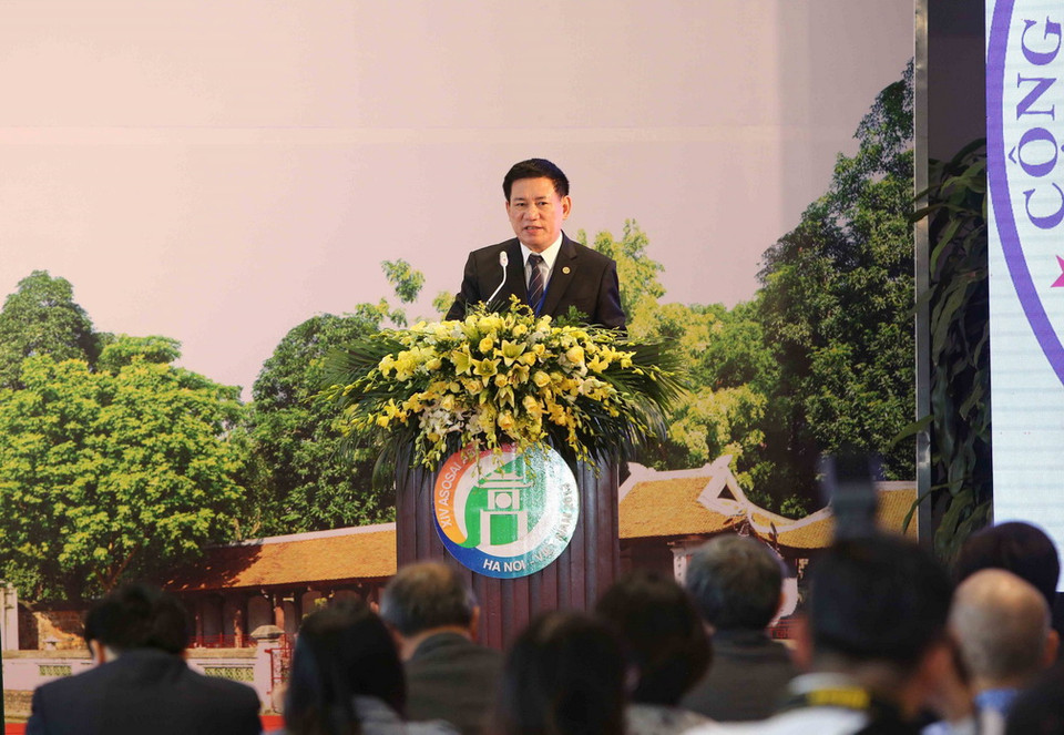 Đồng chí Hồ Đức Phớc, Ủy viên Trung ương Đảng, Tổng Kiểm toán Nhà nước, Trưởng Ban Tổ chức Đại hội ASOSAI 14 phát biểu tại Lễ khai trương Trung tâm Báo chí ASOSAI 14. (Ảnh: Dương Giang/TTXVN)