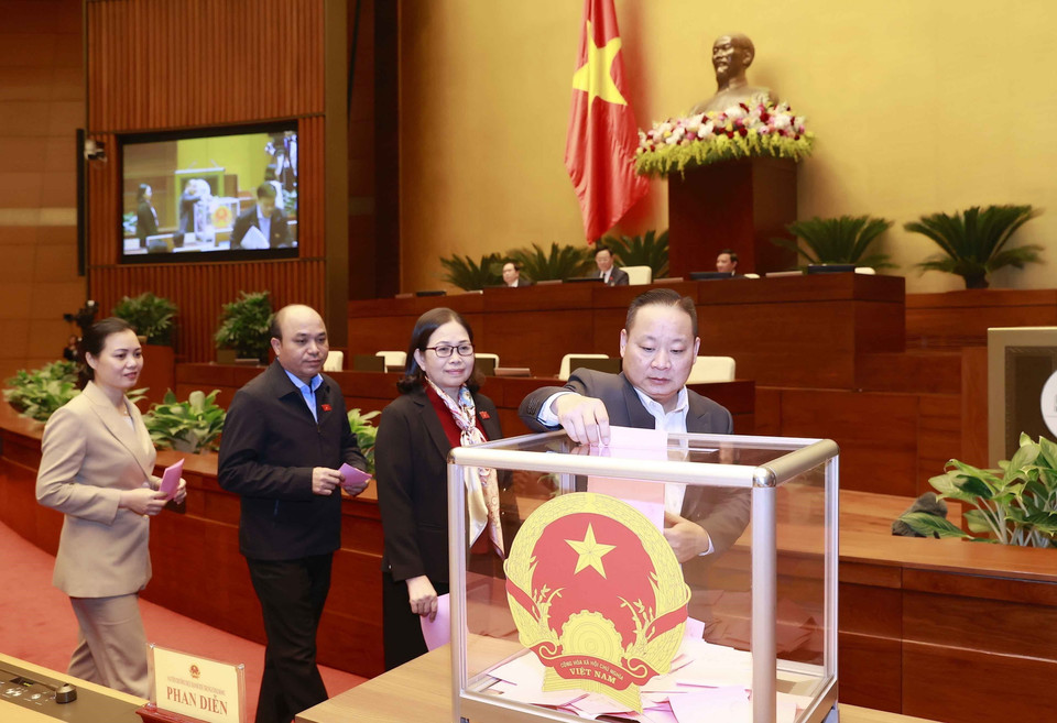 Đại biểu bỏ phiếu phê chuẩn đề nghị của Thủ tướng về việc bổ nhiệm Phó Thủ tướng Chính phủ. (Ảnh: Doãn Tấn/TTXVN)