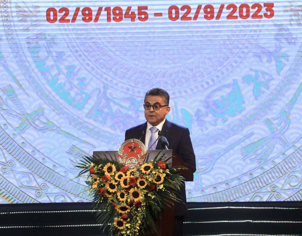 Ngài Saadi Salama, Đại sứ Palestine tại Việt Nam, Trưởng đoàn Ngoại giao phát biểu. (Ảnh: Lâm Khánh/TTXVN)