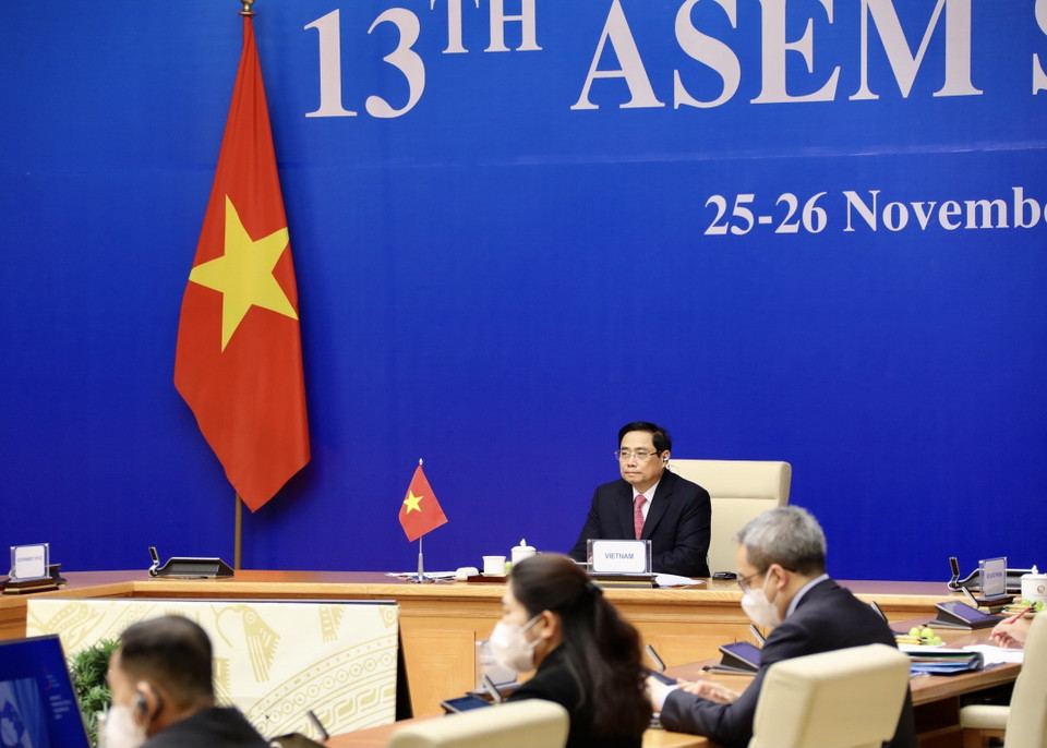 Thủ tướng Chính phủ Phạm Minh Chính dự và phát biểu tại Hội nghị Cấp cao Á-Âu (ASEM) lần thứ 13 do Campuchia tổ chức dưới hình thức trực tuyến. (Ảnh: Lâm Khánh/TTXVN)