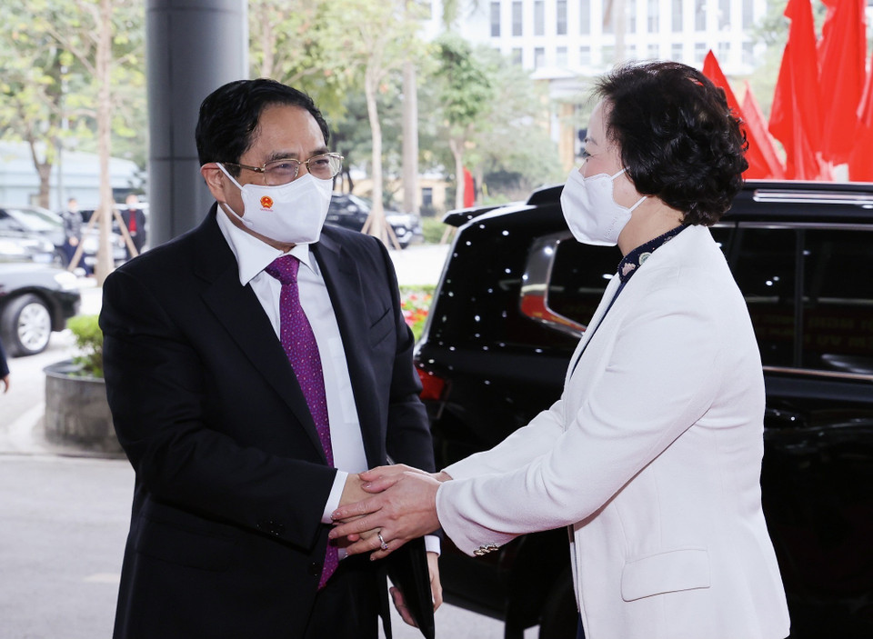 Thủ tướng Phạm Minh Chính đến dự hội nghị tổng kết ngành nội vụ. (Ảnh: Dương Giang/TTXVN)