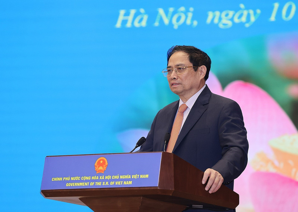 Hình ảnh Thủ tướng Phạm Minh Chính phát biểu tại buổi gặp gỡ. (Ảnh: Dương Giang/TTXVN)