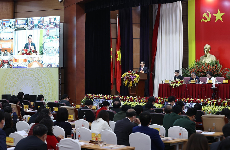 Thủ tướng Phạm Minh Chính chỉ đạo hội nghị. (Ảnh: Dương Giang/TTXVN)