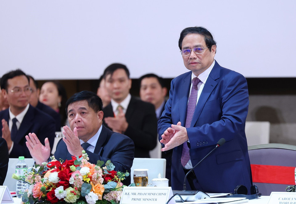 Thủ tướng Phạm Minh Chính dự Diễn đàn Doanh nghiệp Việt Nam thường niên. (Ảnh: Dương Giang/TTXVN)